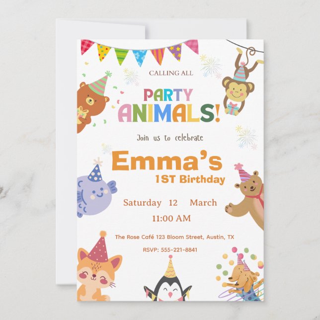 Convite Party Animals First Birthday Invitation  (Frente)