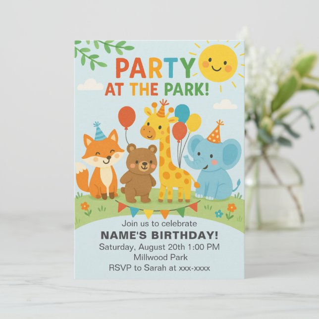 Convite Party at The Park Animals Birthday Invitation (Em pé/Frente)
