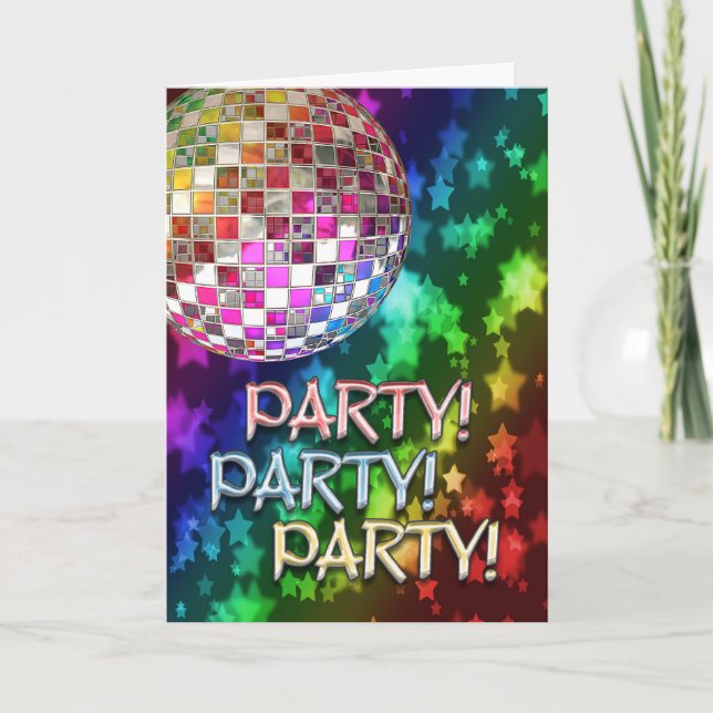 Convite PARTY invitation with disco ball and rainbow of st (Frente)