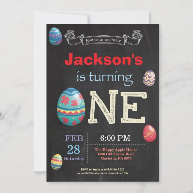 Convite Páscoa aniversário Menino Páscoa Ovo 1º dia de rua (Frente)