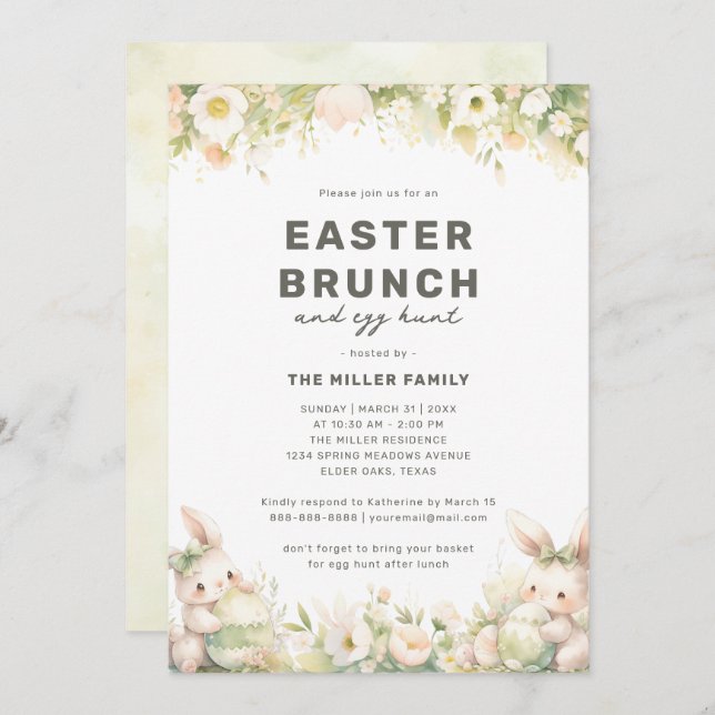 Convite Páscoa Brunch Cute Pastel Bunny Watercolor Floral (Frente/Verso)