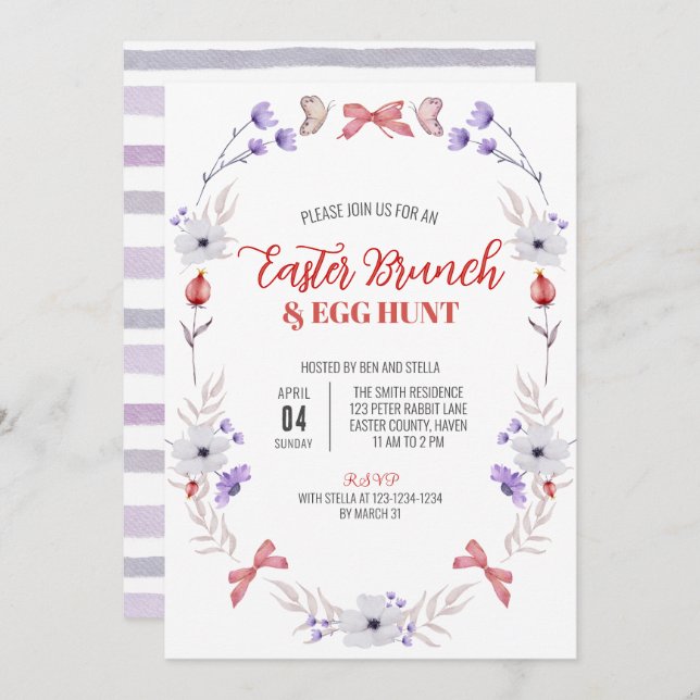 Convite Páscoa Brunch e Caça de Ovos, Floral Branco Roxo (Frente/Verso)
