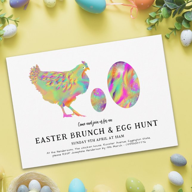 Convite Páscoa Brunch e caçada de ovos, cor-de-água modern (Easter spring brunch egg hunt colorful watercolor cute hen & eggs simple stylish garden party invite)