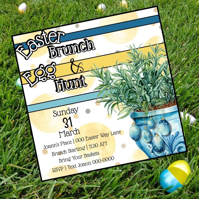 Convite Páscoa Brunch e Festa de Caça de Ovo (Bondi blue and yellow Easter Brunch and Egg Hunt customizable party invitations for Easter Sunday. )