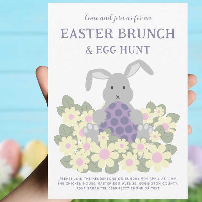 Convite Páscoa Brunch e Ovo Caça Coelhinho Floral (Easter brunch and egg hunt cute bunny spring floral invitation. Modern Pink purple green and gray)
