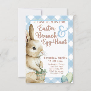 Convite Páscoa Brunch Invitation, Blue Gingham, Watercolor