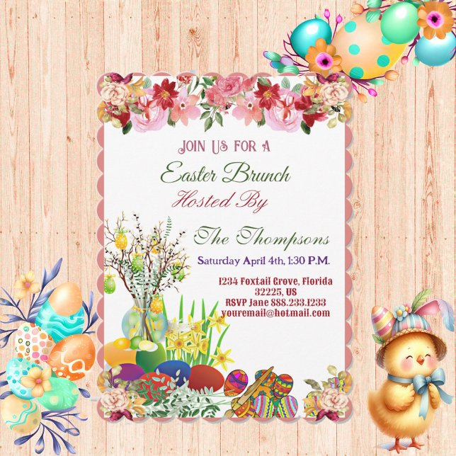 Convite Páscoa Brunch Ovos Decorativos Arrancando Árvore F (Easter Brunch Decorative Eggs Hanging Tree Floral Invitation)