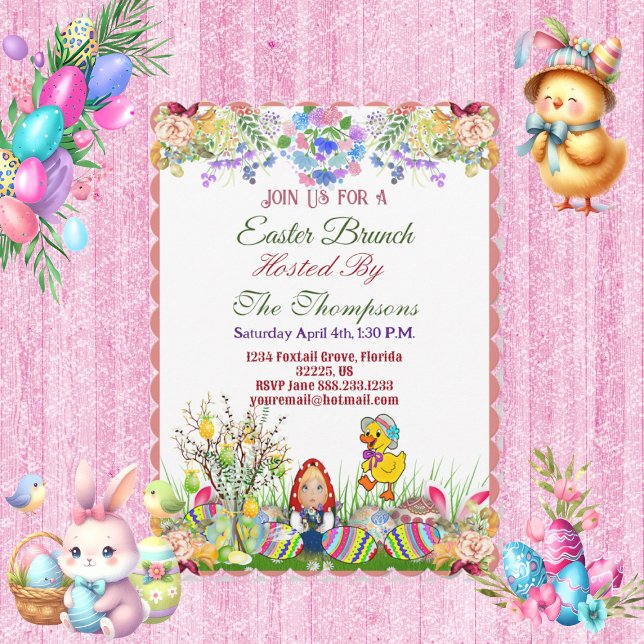 Convite Páscoa Brunch Pintinho de ovelha decorativa Flora (Easter Brunch Decorative Egg Doll Chick Tree Flora Invitation)