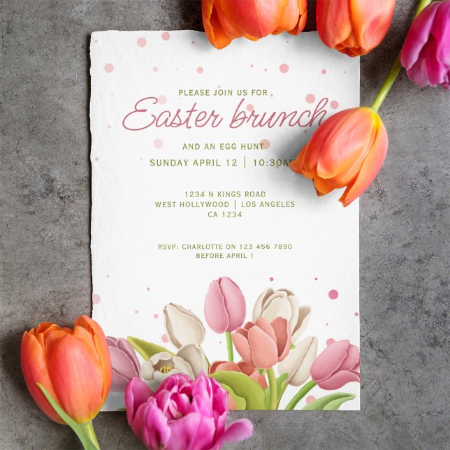Convite Páscoa Brunch - Tulipas Brancas Rosa Flores de Mol (Easter Brunch Pink White Tulips Spring Flowers Invitation by Ricaso. Easter egg hunt and brunch card)
