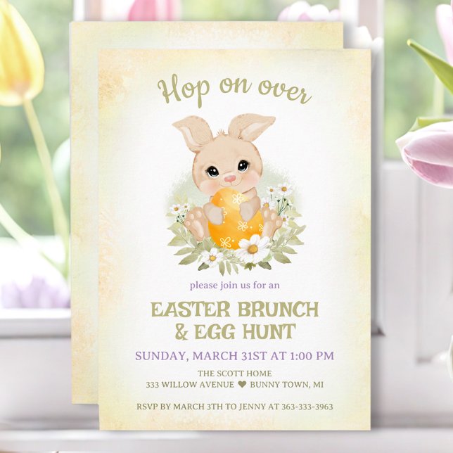 Convite Páscoa Brung Caça Amarelo Coelhinho (Easter Brunch Egg Hunt Yellow Cute Bunny Invitation)