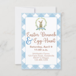 Convite Páscoa Brunt & Egg Hunt Rabbit Gingham Xadrez Blue