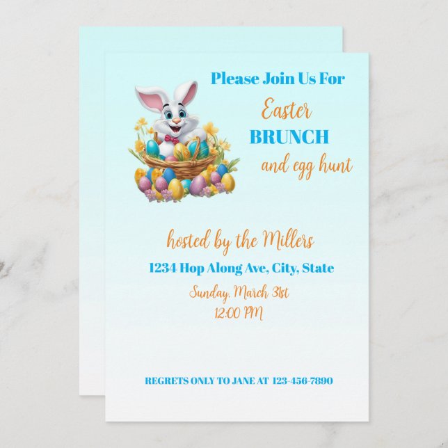 Convite páscoa Coelho Adorável de 🐇 Brunch e Caça de Ovo (Frente/Verso)