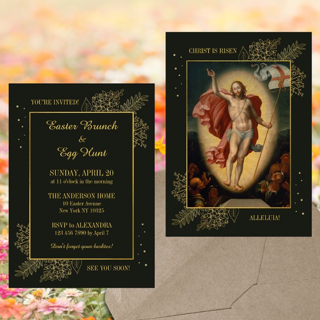 Convite Páscoa Cristã Elegante Brunch Caça de Ovo (Elegant Religious Painting Christian Catholic Easter Resurrection Jesus Brunch Egg Hunt Invitation)