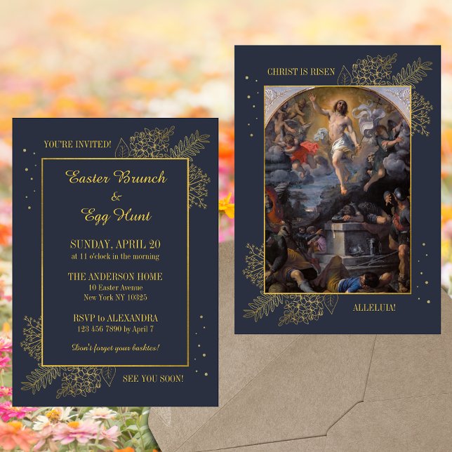 Convite Páscoa Cristã Elegante Brunch Caça de Ovo (Baroque Elegant Religious Christian Catholic Resurrection of Jesus Easter Brunch Egg Hunt Invitation)
