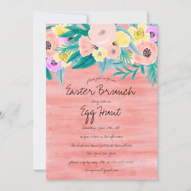 Convite Páscoa de Aquarela Amarela Elegante Coral (Frente)