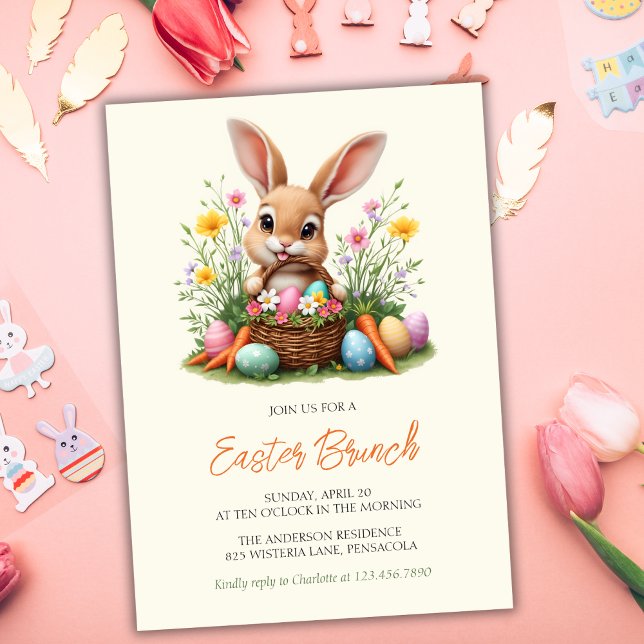Convite Páscoa de coelho coelho moderno e bonito Brunch (Charming Easter Brunch Invitation with Bunny, Eggs, and Spring Flowers)