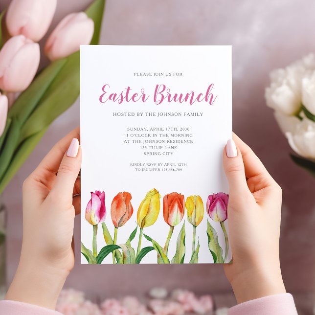 Convite Páscoa de Tulipas Floral Floral Elegante Brunch (Pretty Pink Floral Watercolor Tulip Easter Brunch Invitation)