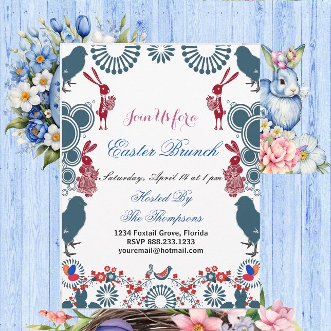 Convite Páscoa Decorativa de Motif Brunch Pintinho Birch B (Decorative Motif Easter Brunch Chick Birds Bunny Invitation)