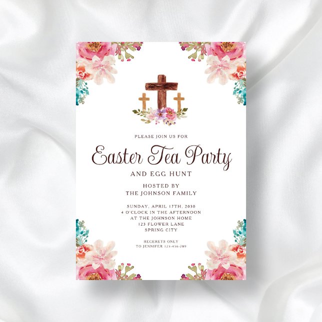 Convite Páscoa do Partido Floral Cross Tea (Elegant Floral Cross Tea Party Easter Invitation)