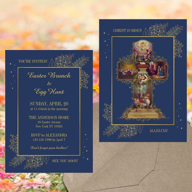 Convite Páscoa Floral Cristã Religiosa Brunch Caça De Ovo (Blue Religious Christian Catholic Floral Easter Cross Christ is risen Brunch Egg Hunt Invitation)