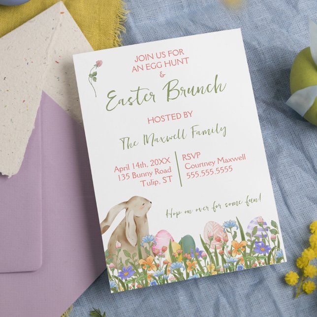 Convite Páscoa Floral de Coelho de Aquarela Brunch e Caça  (Watercolor Floral Rabbit Easter Brunch & Egg Hunt Invitation
)