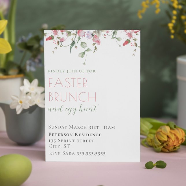 Convite Páscoa Floral Elegante Cor de Água Rosa (Elegant Pink Watercolor Floral Easter Brunch Invitation)