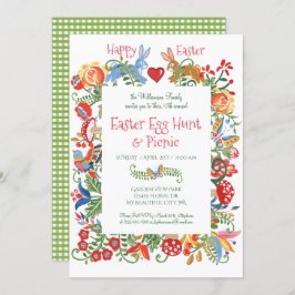 Convite Páscoa Folha Floral Coelho Coelho Gingham Ovo Caça