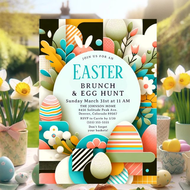 Convite Páscoa Moderna Chic Pastel Brunch & Ovo Hunt (Modern Easter Brunch & Egg Hunt Invitation)