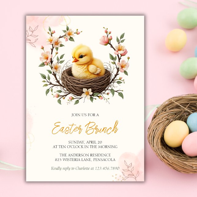 Convite Páscoa Pintinho de Bebê Amarelo Cor-de-rosa Frio B (Easter Baby Chick Yellow Pink Floral Wreath Brunch Invitation)