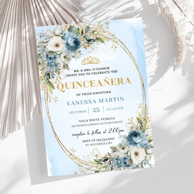Convite Passado Romântico Azul Pastel Dourado Eucalipto Qu (Romantic Pastel Blue Gold Eucalyptus Quinceañera)