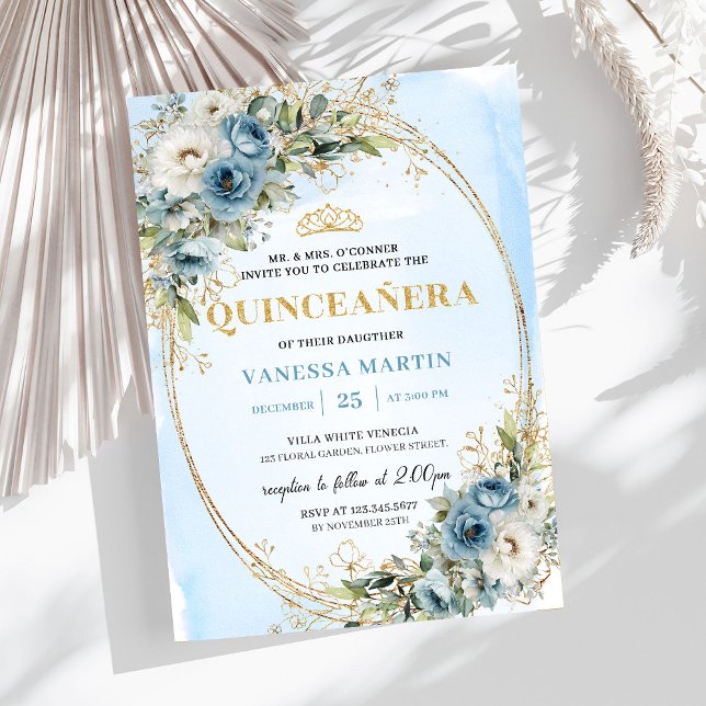 Convite Passado Romântico Azul Pastel Dourado Eucalipto Qu (Romantic Pastel Blue Gold Eucalyptus Quinceañera Invite

)