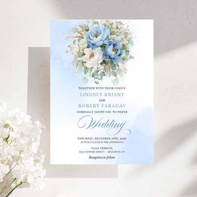 Convite Passado Romântico Azul Pastel Peônia Eucalipto Dou (Romantic Pastel Blue Peony Eucalyptus Gold Wedding Invitation)