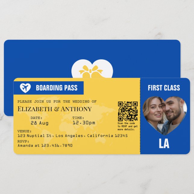 Convite Passagem de Embarque Azul Cobalto e Amarelo Limão  (Frente/Verso)