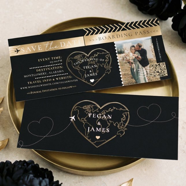 Convite Passagem de Embarque Black Gold Casamento Save The (Boarding Pass Black Gold Wedding Save The Date Invitation)
