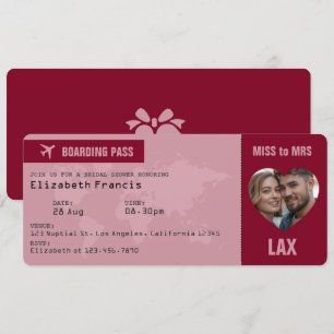 Convite Passagem de Embarque Borgonha e Dourado Rosa Chá d