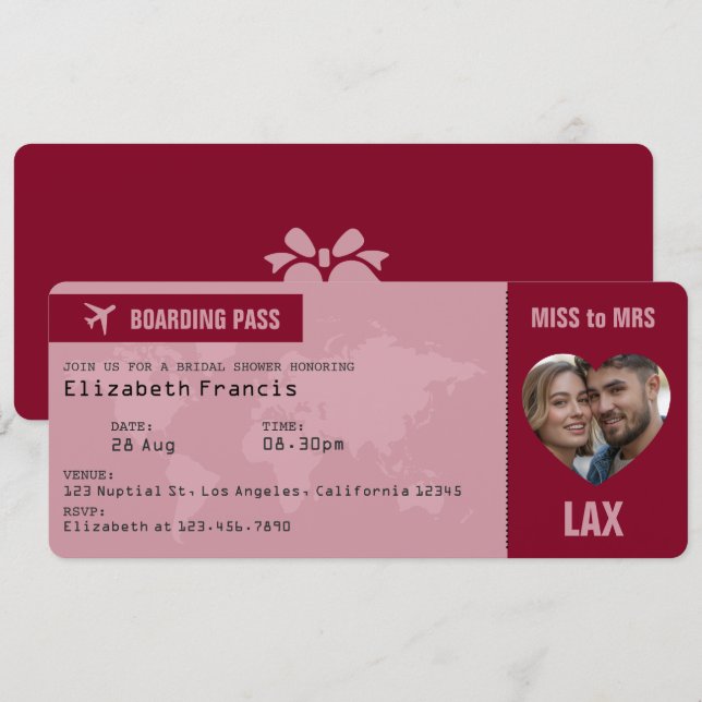Convite Passagem de Embarque Borgonha e Dourado Rosa Chá d (Frente/Verso)