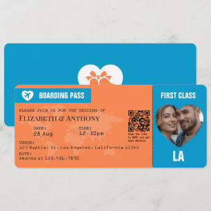 Convite Passagem de Embarque Casamento Laranja e Azul Lago