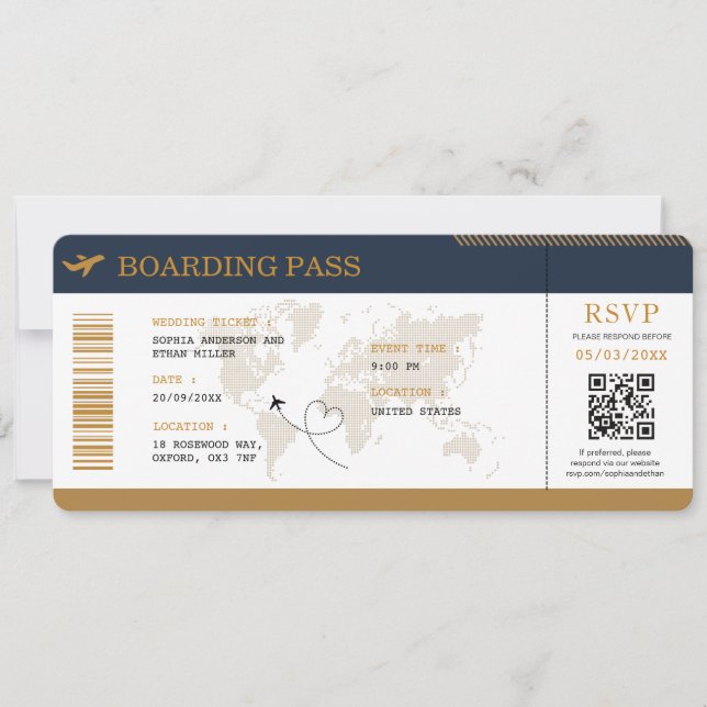 Convite Passagem de Embarque de Destino Casamento Bilhete  (Frente)
