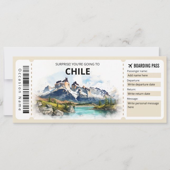 Convite Passagem de Embarque de Plano do Chile Editável (Frente)