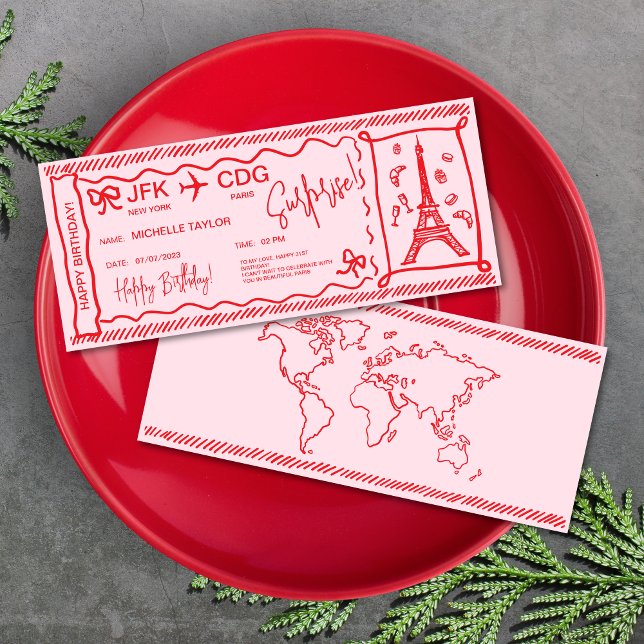 Convite Passagem de Embarque de Surpresa de Paris Desenhad (hand drawn boarding pass ticket christmas surprise card, red on pink, paris, croissant, Eiffel tower)