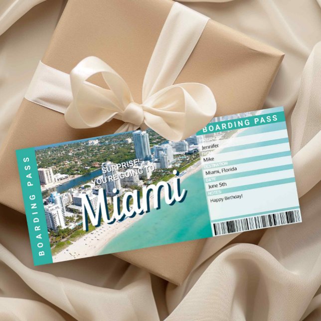 Convite Passagem de Embarque de Viagem Surpresa para Miami (Surprise Trip to Miami Ticket Printable)
