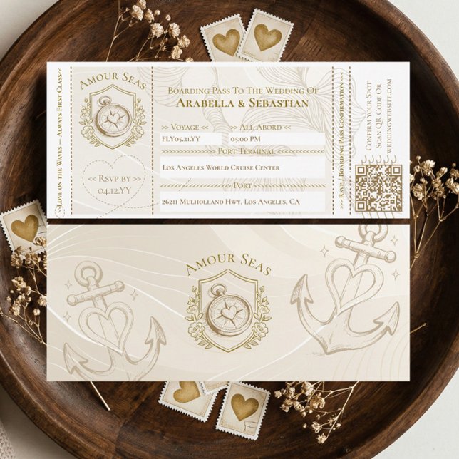 Convite Passagem de Embarque em Navio de Cruzeiro Casament (Cruise Ship Boarding ticket Destination Wedding In Invitation)