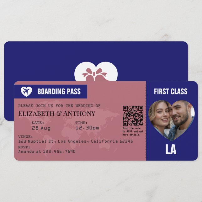 Convite Passagem de Embarque em Rosa Dourado e Azul Meia-N (Frente/Verso)