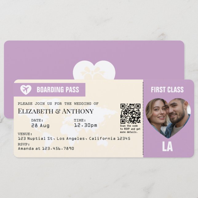 Convite Passagem de Embarque Lavanda & Creme Casamento (Frente/Verso)