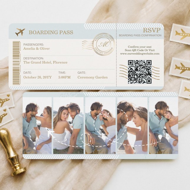 Convite Passagem de Embarque para Destino Foto de Casament (Destination Boarding Pass Ticket Photo Wedding Invitation)