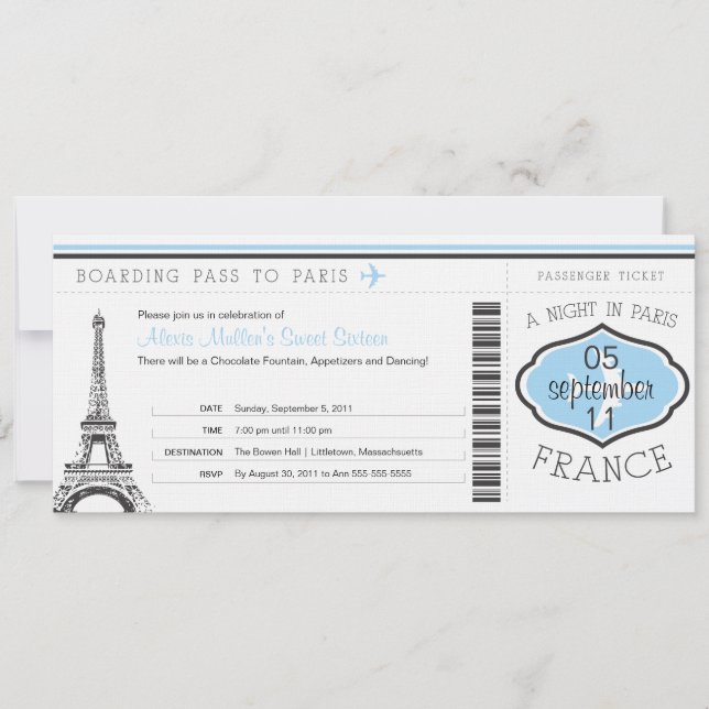 Convite Passagem de embarque para Paris para o aniversário (Frente)