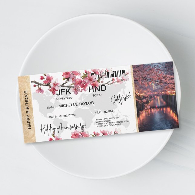 Convite Passagem de Embarque para Surpresa de Aniversário  (Anniversary surprise trip boarding pass ticket, destination Tokio, cherry blossom)