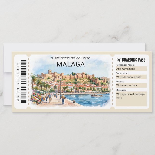 Convite Passagem de Embarque para Viagem a Málaga Espanha (Frente)