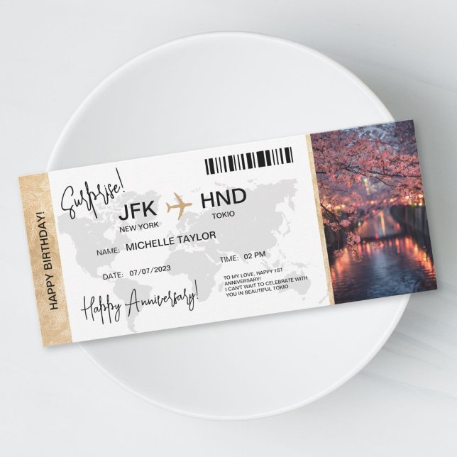 Convite Passagem de Embarque para Viagem de Aniversário Su (Anniversary surprise trip boarding pass ticket, destination Tokio, cherry blossom)