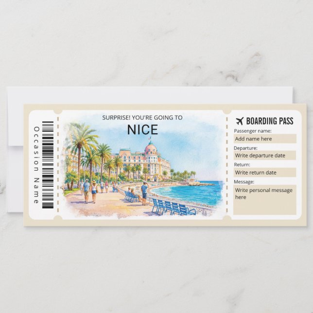 Convite Passagem de Embarque para Viagem Nice França Bilhe (Frente)
